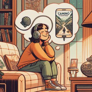 Junge Frau mit einem Lächeln auf dem Gesicht im Wohnzimmer. Sie sitzt auf der Couch. Über ihr eine Traumwolke. Darin eine Jakobsmuschel und ein Hörbuch in einem Smartphone abgebildet.